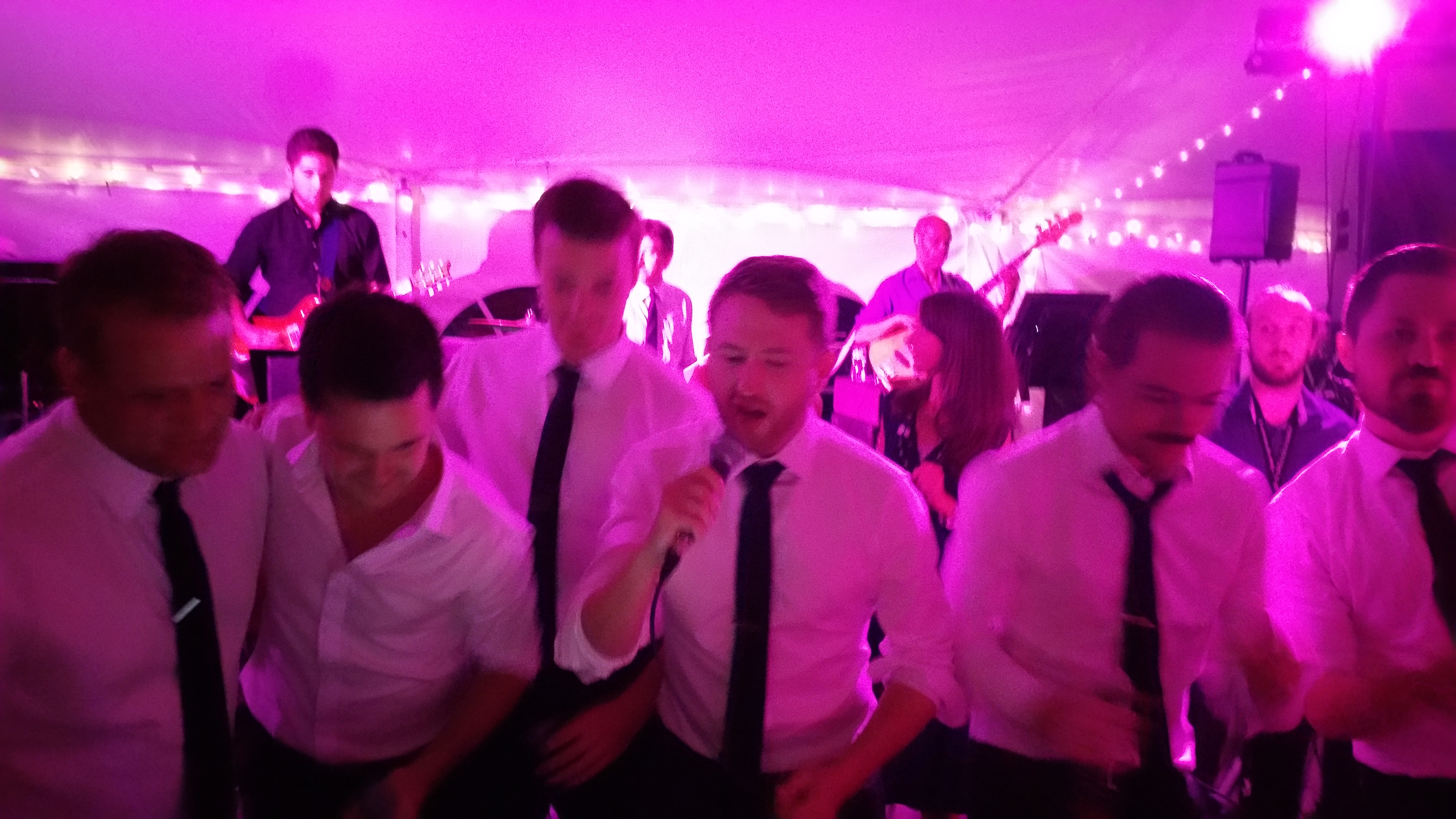 Groom and Groomsmen Sing with the Band